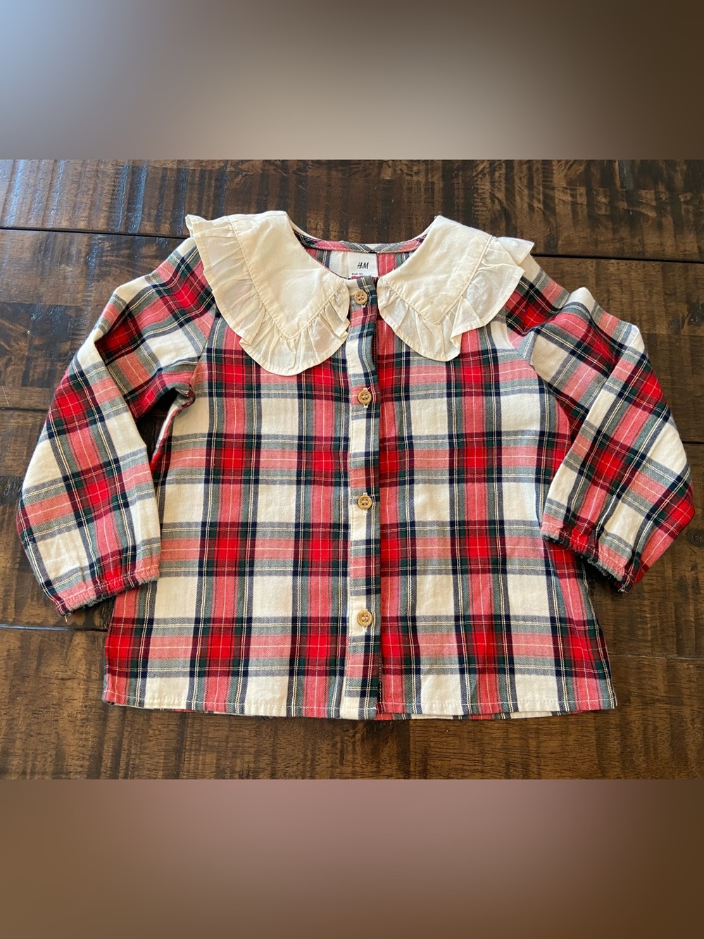 H&M Girls' Red Plaid Button-Up Top with Cream Ruffle Collar size 18 months